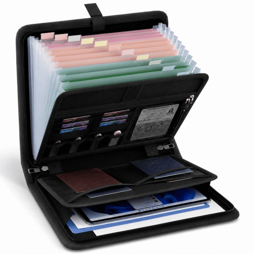 Fireproof Accordion File Organizer, Portable Expanding File Folder with Waterproof Zipper&Labels, Black Document Organizer with 13 Pockets, File Organizer for Important Document/Paper