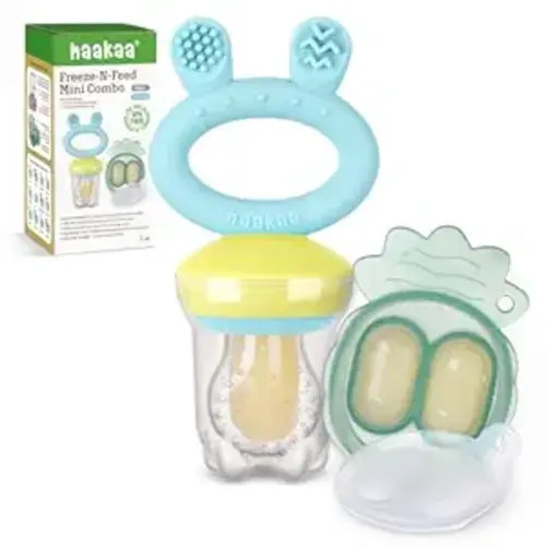 Haakaa Baby Fruit Food Feeder & Mini Freezer Nibble Tray Combo, Breastmilk Popsicle Molds for Baby Cooling Relief, BPA Free Silicone Feeder for Safe Infant Self Feeding, 4 Month+ (Blue)