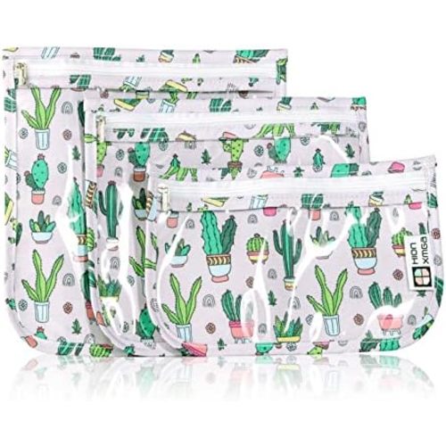 TSA Approved Toiletry Bag, Set of 3 Clear Travel Toiletry Bag Quart Size Zipper Travel Pouch, Waterproof Makeup Cosmetic Bag for Women Men Kids Toiletries Carry on, Cacti A