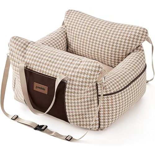 ZOMISIA Dog Car Seat for Small Dogs - Waterproof Pet Booster Seat for Car with Clip-On Safety Leash, Soft Travel Carrier for Puppy up to 25 lbs, Memory Foam Filling & 2 Adjustable Buckles Houndstooth