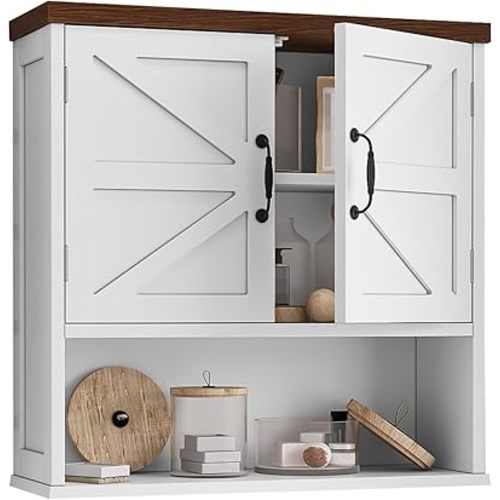 Bathroom Wall Cabinet with Barn Doors, Wall Mounted Bathroom Cabinet, Farmhouse Style, Adjustable Shelf, Wall Mounted Medicine Cabinets, 23.6 x 7.9 x 23.9 Inches