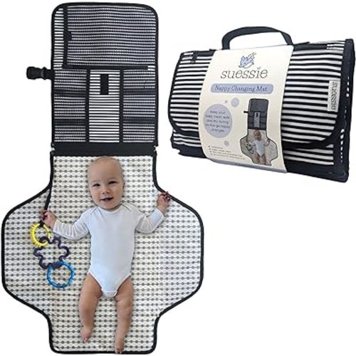 Suessie Portable Nappy Changing Mat - Waterproof Baby Change Pad for Travel (Black and White Stripe)