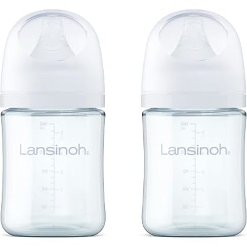 Lansinoh Glass Baby Bottles, Anti-Colic, White, 5oz, 2 Count, with Extra Slow Flow Nipples (Size XS, 0-1 Month), Baby Feeding Essentials