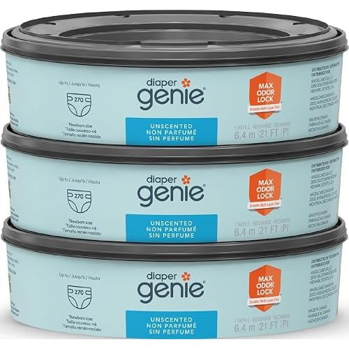 The Diaper Genie Unscented Round Refill 3-pack, with continuous film can hold up to 810 newborn-sized diapers per refill.
