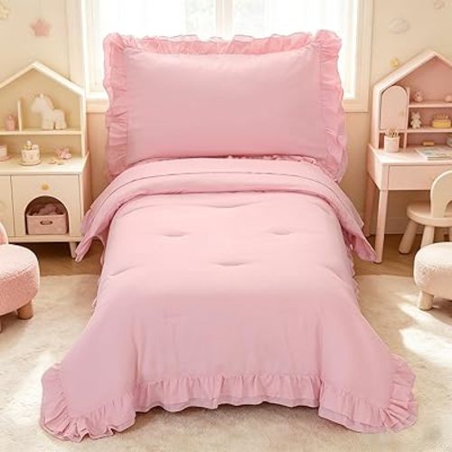 Light Pink Toddler Bedding Set, Girls Toddler Bedding 4 Pieces Boho Tufted Comforter with Ruffles Design, Soft and Breathable Set with Comforter, Fitted Sheet, Flat Sheet and Pillowcase