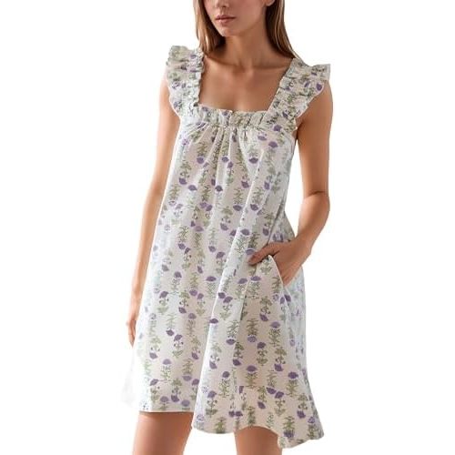 Flygo Nightgowns for Women Ruffle Sleeveless House Dresses Floral Print Sleep Dress Nightdress Sleepwear with Pockets