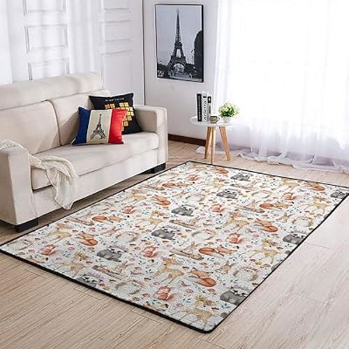 Spring Animals Floral Nursery Area Rugs for Baby Girl Boy Deer Rabbit Hedgehog Fox Bird Mushroom Kids Throw Carpets Playmat Decor Boho Forest Creature Floor Mats 48x72inch