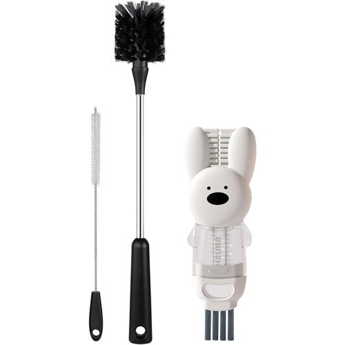SweeBe 3 Pack Bottle Brush Set, Long Handle Baby Bottle Brush Cleaner with Straw Brush and Lid Brush, Water Bottle Scrubber, Kitchen Scrub Cleaning Brushes for Cups, Coffee Mugs, Tumblers, Thermos