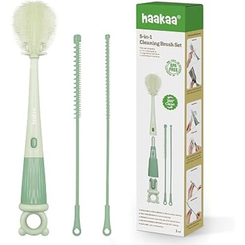 Haakaa 5-in-1 Cleaning Brush Set – Baby Bottle Brush & Bottle Brush Cleaner, Multi-Purpose 360° Comprehensive Cleaning for Breast Pumps, Breast Milk Collector, Baby Bottles, Nipples ,Straw – Portable