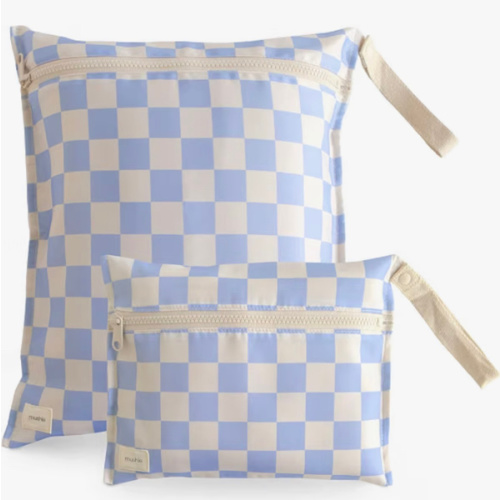 mushie Water Resistant Wet Bags | Large & Small Reusable Storage Bag for Baby Items and Travel | Zippered Pockets with Handle | Machine Washable, Set of 2 (Blue Check)