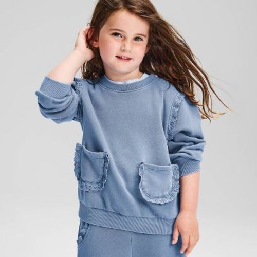 Toddler Girls' French Terry Ruffle Pockets Crewneck Sweatshirt - Cat & Jack™ Blue 12M