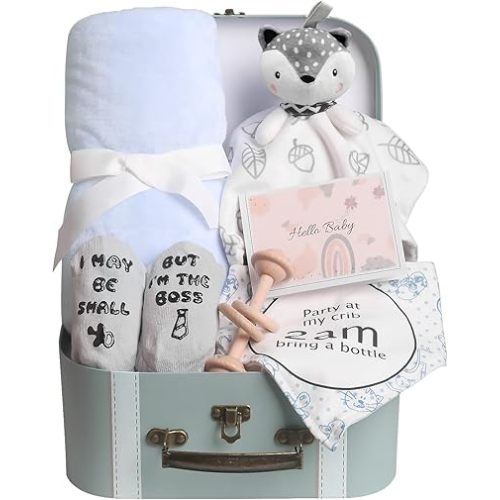 Baby Shower Gifts, Baby Boy Gifts Basket Includes Newborn Blanket Baby Lovey Security Blanket, Funny Baby Bibs Socks & Greeting Card - Baby Gift Set Newborn Shower Basket for Boys