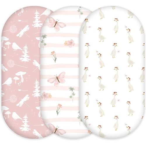 3-Pack Organic Bassinet Sheets for Girls Stretch, Soft Cozy Fitted Bassinet Mattress Sheet (32" x 16") Universal Fit for Hourglass, Oval, & Rectangle Mattresses Pink Butterfly
