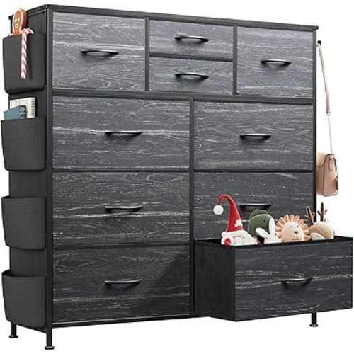 WLIVE Dresser for Bedroom with 10 Drawers, Fabric Dresser Chest of Drawers with Side Pockets and Hooks, Sturdy Metal Frame, Drawers Organizer Unit for Room, Hallway, Charcoal Black Wood Grain Print