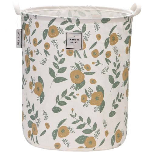 Sea Team 19.7 x 15.7 Inches Large Sized Folding Cylindric Canvas Fabric Laundry Hamper Storage Basket with Floral Pattern, Green & Yellow