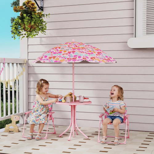 Qaba Kids Picnic Table, Outdoor Table with Foldable Chairs, Removable Umbrella, Buttefly Theme Children Outdoor Furniture, Pink