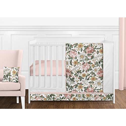 Sweet Jojo Designs Vintage Floral Boho Baby Girl Nursery Crib Bedding Set - 11 Pieces - Blush Pink, Yellow, Green and White Shabby Chic Rose Flower Farmhouse