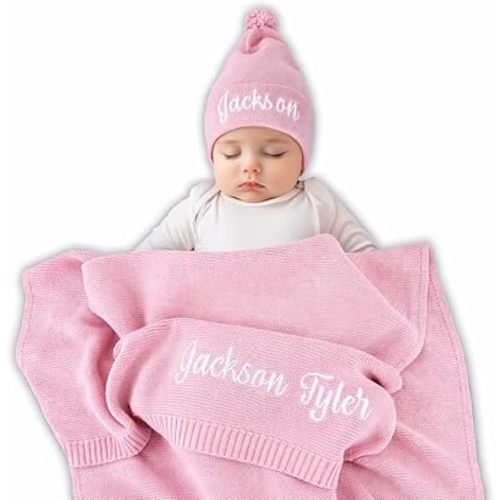 Personalized Baby Blanket, 100% GOTS Organic Certified, Customized Swaddle Blanket with Name, Receiving Blankets for Boys and Girls, Perfect Custom Gifts for Newborns, Kids and Baby Showers (Pink)