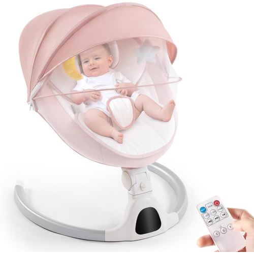Baby Swing for Infants,Comfort Cradling Baby Rocker Portable Newborn Swing with Music/Remote Control/Timing Function,Grey (Pink)
