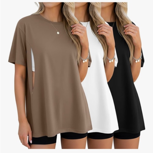 3 Pack Women's Oversize Nursing Breastfeeding Shirts Hidden Zipper Short Sleeve Loose Fit Maternity Tops