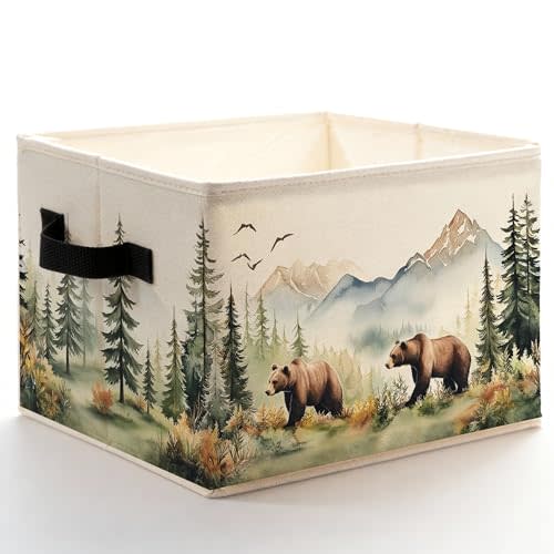 Fyecoluo Forest Brown Bear Nursery Storage Bins Box with Handles, Camping Hiking Lover Gifts Foldable Basket Toybox for Kids Room Nursery Playroom Bedroom Bathroom Clothes Toys Books