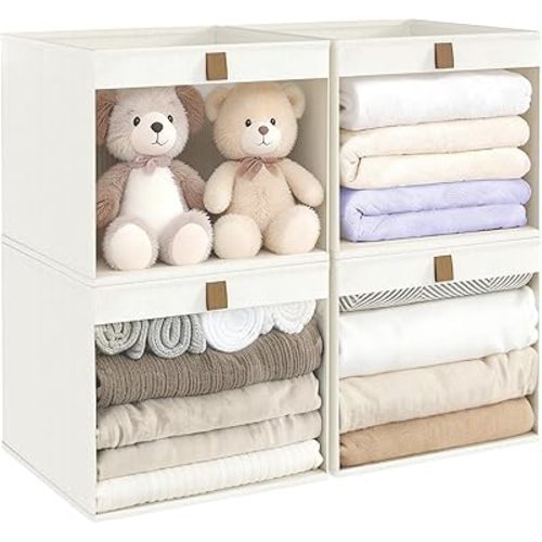 Linen Closet Organizers and Storage, Closet Storage Bins Basket Organizer, Foldable Organization Baskets with Mesh Window for Clothes Towels and Toys, 10.75" x 10.75" x 7.5", Beige, 4 pack