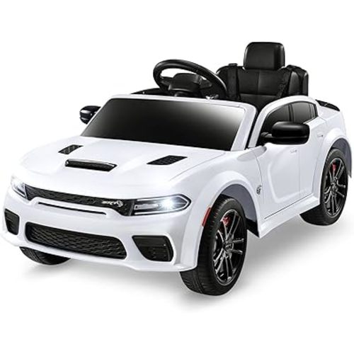 12V 7Ah Kids Electric Ride on Car, Licensed Dodge Charger SRT Hellcat, Battery Powered 4-Wheels Toy Car Electric Vehicle for Kids with Remote Control, 3 Speeds, LED Lights, Music (White)