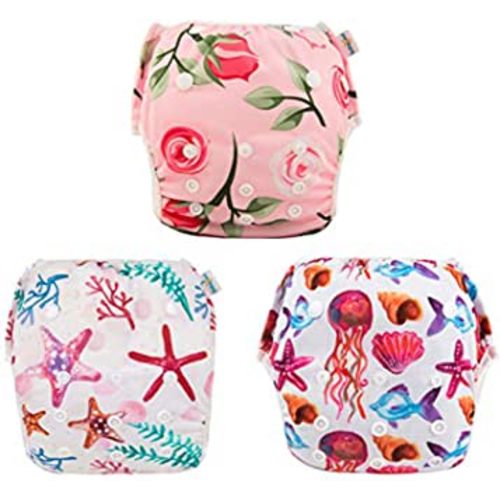 Babygoal Baby Girl and Boy Swim Diapers, Reusable Adjustable Washable One Size Fits 0-8M Baby Gifts and Swimming Lessons 3 Pack 3SD06