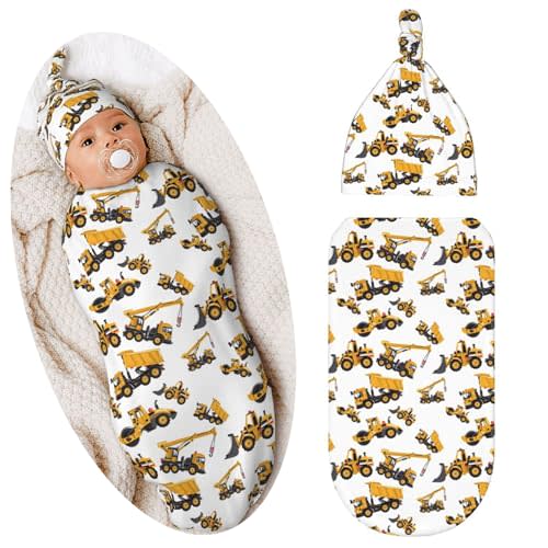 Construction Machinery Excavator Truck Tractor Newborn Swaddle Blanket Baby Stuff Baby Blanket with Beanie Set Soft for Unisex Girls Boys