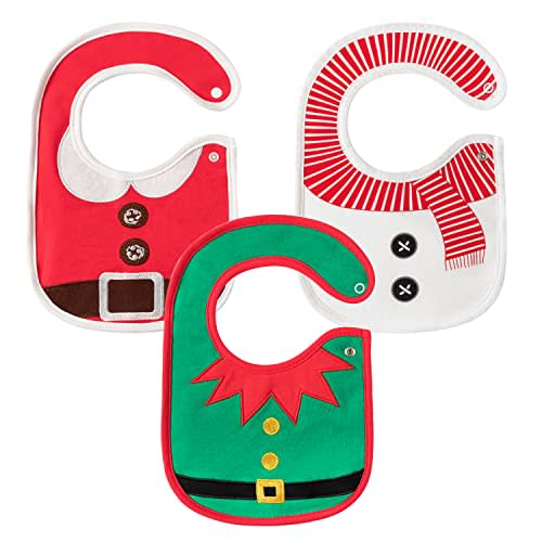 3Pcs Christmas Baby Cotton Bibs with Resin Button Newborn Infant Bibs Christmas Keepsake Baby Gift for Drooling Feeding