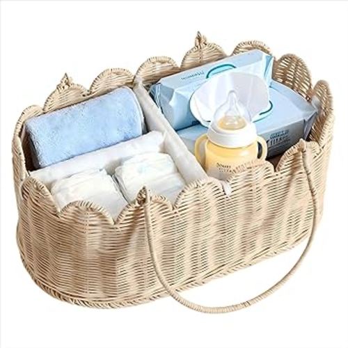 Premium Wicker Baby Diaper Caddy Organizer,Woven Scalloped Rattan Basket with Handle,Wicker Baby Carriage for Nursery (Scalloped Rattan Baby Diaper Caddy Organizer)
