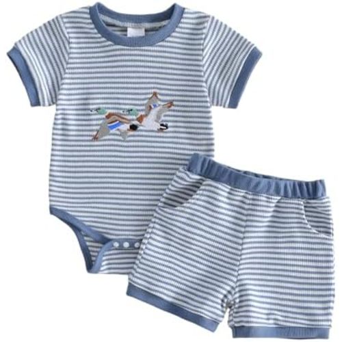Baby Boy Summer Clothes Newborn Mallard Duck Embroidery Short Sleeve Romper Bodysuit Shorts Set Infant Waffle Outfit