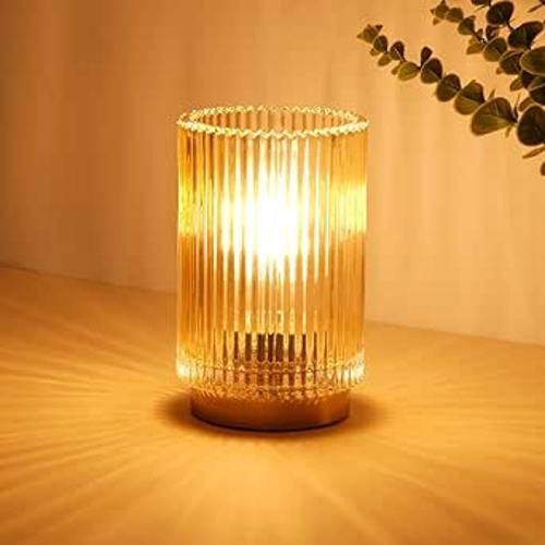 Battery Operated Lamp, Cordless Table Lamp with Timer, Desk Bedside Lamps with LED Warm Light, Glass Small Table Lamp for Bedroom, Bathroom, Living Room, Home Decor - Amber