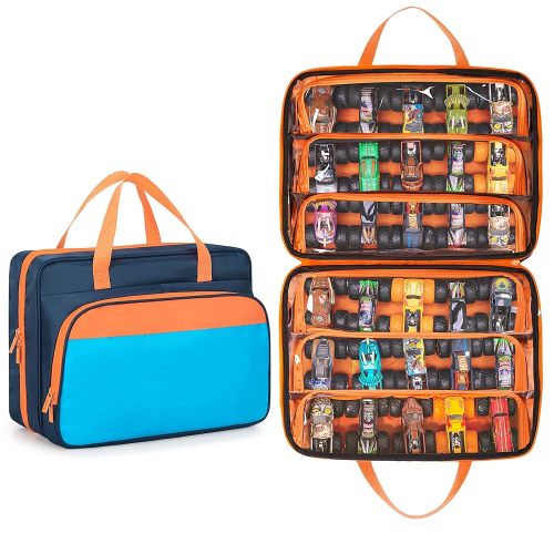 CURMIO Monster Trucks Carrying Case Compatible with Monster Jam, Monster Truck Bag Holding 34 1:64 Scale Toy Cars, Navy-Orange, Bag Only