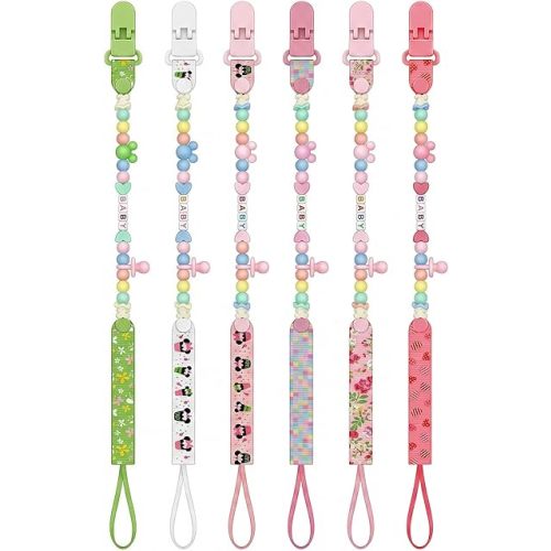 Baby Pacifier Clips 6 Pack, BPA-Free Beaded and Woven Pacifier Holder, Durable Soothie Clip for Baby Girls, Cute Cartoon Floral Pastel Style (Multicolor 1)