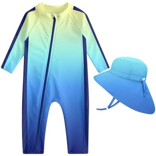 UNIFACO Baby Boy Swimsuit UPF 50+ Sun Protection One Piece Zip Bathing Suit with Sun Hat Infant Sunsuit Swimwear