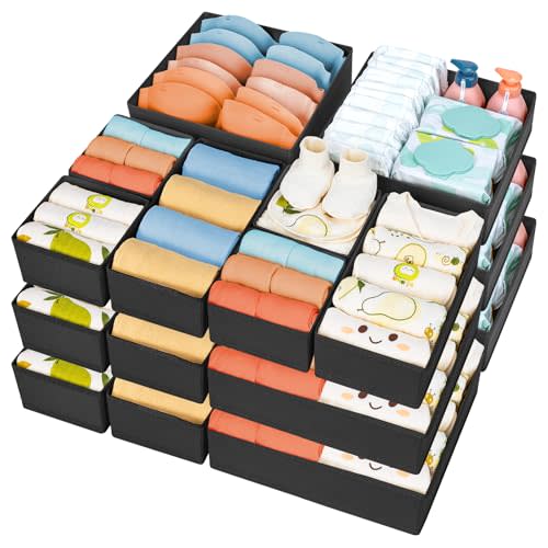 DIMJ Drawer Organizer 15 Pack - Foldable Baby Organizers and Storage & Dresser Organizer for Nursery, Bedroom, Closet - Nursery Organization Dresser Dividers for underwear, Sock,Bra, Belt, Tie，Black