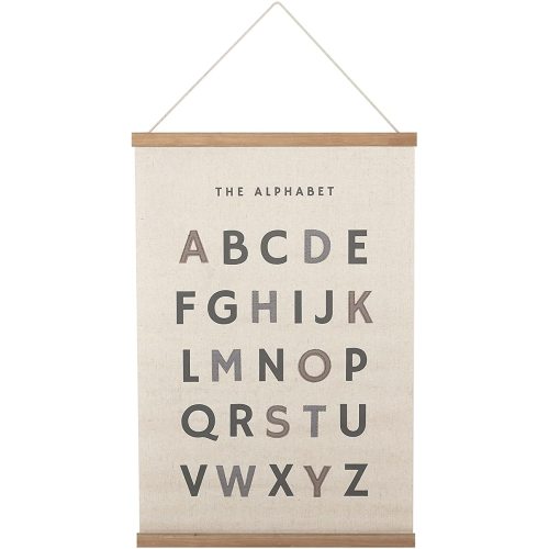 Bon et Beau 16 x 24 Inch Embroidered Alphabet Poster Framed with Wood Hanger - Neutral Gray Wall Decor for Boys Nursery, Bedroom, Playroom, Toddler and Kids Room
