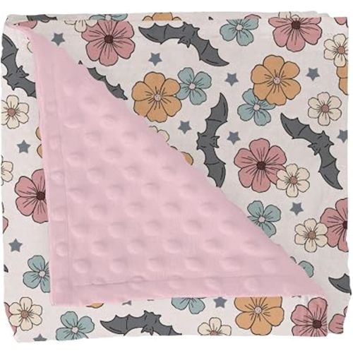 Boho Floral Halloween Bats Baby Blankets for Girl Boy Vintage Fall Autumn Flowers Soft Mink Dotted Backing Double Layer Swaddle Blanket Spooky Gothic Bed Throw for Newborn Infant Toddler Nursery 30x40