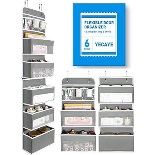 Yecaye 6-Tier Over the Door Storage Organizer, Flexible 1 Split into 2 Swing-proof Hanging Bathroom Storage Organization, Bedroom Organizer and Storage for Newborn Baby Essentials, Grey