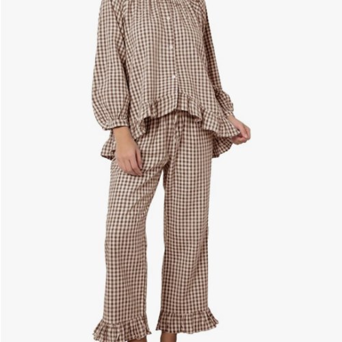 Flygo Womens Plaid Pajamas Sets 2 Piece Cotton Pj Set Puff Sleeve Ruffle Babydoll Shirt Gingham Pants Lounge Sets