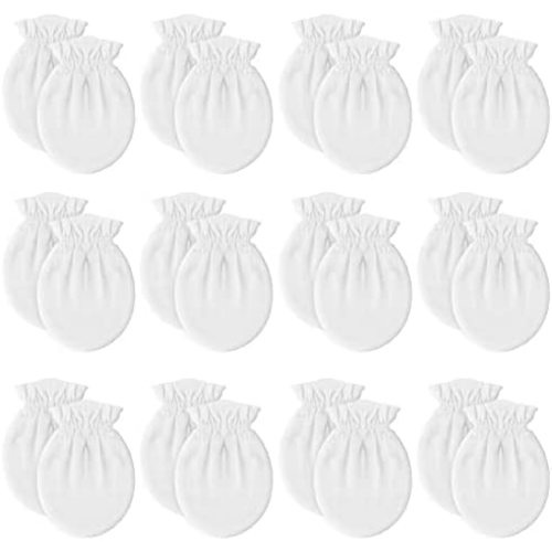 Liwely 12 Pairs Unisex-Baby No Scratch Mittens, 100% Cotton, Solid White