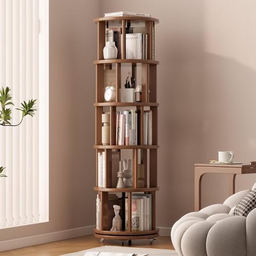 Solid Wood Rotating Bookshelf, 5 Tier (Walnut)