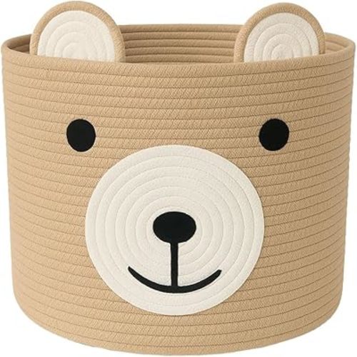 Baby Laundry Basket, Bear Basket, Baby Shower Baskets, Bear Gift Baskets for Kids, Nursery, Toy Storage, Cotton Rope Hamper with Handles (Light Brown, 15" D x 13" H)