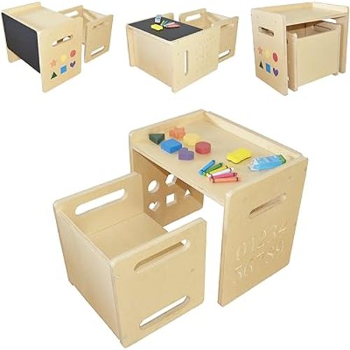 Montessori Weaning Table and Chair Set, Toddler Table and Chair Set, Toddler Activity Table and Toddler Eating Table, Step Stool, Table for Toddlers 1-3 for Playing, Drawing, Eating