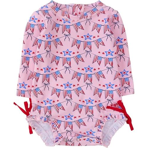 RuffleButts Baby Girls UPF 50+ Sun Protection Floral Printed Long Sleeve One Piece Rash Guard Swimsuit with Zipper