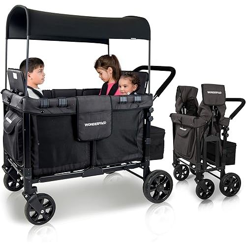 WONDERFOLD W4 Original Stroller Wagon (4 Seater) - Collapsible Wagon Stroller with Seats with 5-Point Harnesses, Easy Access Zipper Door, and Removable Sun Canopy, Black
