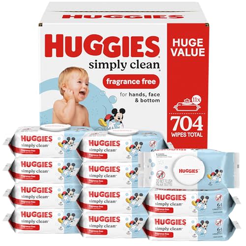 Huggies Simply Clean Unscented Baby Diaper Wipes, 11 Flip-Top Packs (704 Wipes Total), Packaging May Vary
