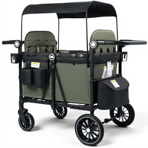 LINLUX Wagon Stroller for 4 Kids, Stroller Wagon 4 Seats w/Adjustable Handle, Detachable Tray, Green