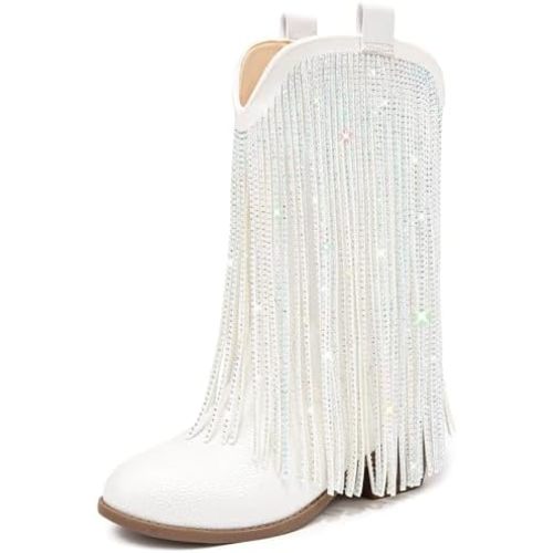 LAURMOSA Rhinestone Fringe Cowgirl Boots for Girls Mid Calf Pointed Toe Cowboy Boots for Toddler Little Big Kids Party Country